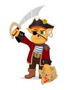 Vector illustration of funny cartoon cat pirate with a treasure map and a saber. Design for print, emblem, t-shirt, party decorati Royalty Free Stock Photo