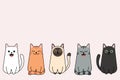 Vector illustration of funny cartoon cats breeds set. Cats collection, Vector silhouette of cats on pink background