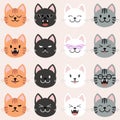 Vector illustration of funny cartoon cats, Collection of Cats heads emoticons. Vector silhouette of cats on cream background