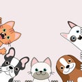 Vector illustration of funny cartoon dogs and cute cats best friends, Vector silhouette of dogs and cats on pink background