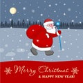 Vector illustration of funny cartoon Santa Claus rides with big bag for children gifts. Father Frost with presents