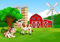 Funny caws with farm background