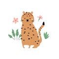 Vector illustration of a funny cheetah and tropical leaves