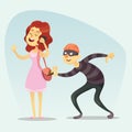 Vector illustration - funny comic Thief Steals a Purse from Hapless girl woman chat on phone Character Icon Cartoon Design Templat Royalty Free Stock Photo