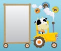 Vector illustration of funny cow cartoon driving tractor while pulling wooden frame border Royalty Free Stock Photo