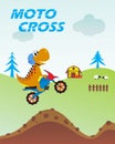 Vector illustration of a funny dinosaur on a motocross bike, Dinosaurs cartoon characters, Cute dino sports t-shirt for kids