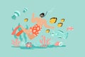 Vector illustration with funny diver, fishes, jellyfish and coral reef