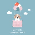 Vector illustration of a funny dog flying in a hot air balloon basket. Hand drawn Birthday card, print, composition Royalty Free Stock Photo