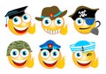 Vector illustration of funny emoticons with different hat or caps Royalty Free Stock Photo