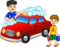 Funny father and son cartoon washing car with smiling