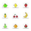 Vector illustration of funny fruit characters cartoon set in line style. Royalty Free Stock Photo