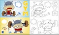 Vector illustration of funny hippo cartoon lift dumbbell , coloring book or page