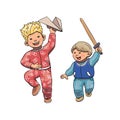 Vector Illustration Of Funny Kids Playing, Running and Jumping Outside. Brothers cartoon characters.