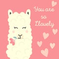 Vector illustration, funny llama or alpaca illustration and hand lettering. You are so lovely.