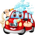 Funny red car cartoon washing the body with laughing and thumb up