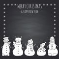 Vector illustration of funny snowmen on a black board