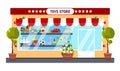 Vector illustration of funny toy store. Cartoon urban buildings with soft toys, cars, ships, balls, decorated with flower pots