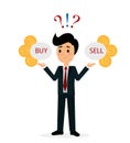 Vector illustration of funny trader character analyzing, deciding to buy or sell shares or currency. Financial market