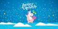 Vector illustration of funny unicorn in santa hat dancing on blue winter background with snowflake, confetti and sky landscape.