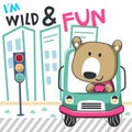 Vector illustration of funy bear driving the green car. Funny background cartoon style for kids. Little adventure with animals on