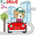 Vector illustration of funy bear driving the red car. Funny background cartoon style for kids. Little adventure with animals on