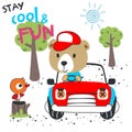 Vector illustration of funy bear driving the red car. Funny background cartoon style for kids. Little adventure with animals on