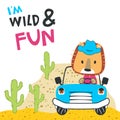 Vector illustration of funy lion driving the blue car. Funny background cartoon style for kids. Little adventure with animals on