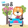 Vector illustration of funy lion driving the blue car. Funny background cartoon style for kids. Little adventure with animals on