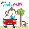 Vector illustration of funy monkey driving the red car. Funny background cartoon style for kids. Little adventure with animals on