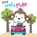 Vector illustration of funy monkey driving the red car. Funny background cartoon style for kids. Little adventure with animals on