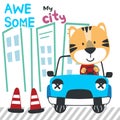Vector illustration of funy tiger driving the blue car. Funny background cartoon style for kids. Little adventure with animals on