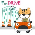 Vector illustration of funy tiger driving the red car. Funny background cartoon style for kids. Little adventure with animals on