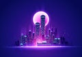 Vector Illustration Futuristic Neon Glow Skyline. Cyber Cityscape In Retro Colors