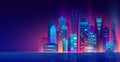 Vector illustration of futuristic night city with neon lights. Cityscape above the water, beautiful night modern city