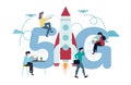 Vector illustration of 5G internet. A man with a laptop at the table, another with a briefcase is walking next to the rocket,