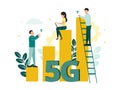 Vector illustration of 5G internet. A man stands on the stairs near the division of the network sign, a woman with a laptop sits