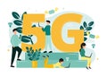 Vector illustration of 5G internet. Men with smartphone and netbook and women with laptops near the letter G and numbers 5, on the