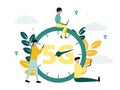 Vector illustration of 5G internet. Men and woman with a smartphone and laptops near a large clock with a 5G sign, on the