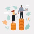 Vector illustration of Game figurines on stacks of euro coins, symbolizing the concept of unequal pay for women and men