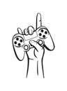 Vector illustration of a gamepad with hand and rock and roll sign.Logo for teen gamer with joystick for print and web. Image of a