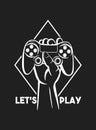 Vector illustration of a gamepad in the teen hand with an inscription Let`s Play in the rhombus. Image of a game console on the