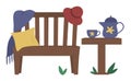 Vector illustration of garden bench with plaid, cushion, hat, table with teapot and cup. Place for rest after garden work. Post Royalty Free Stock Photo