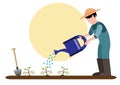 Vector illustration of a gardener watering a vegetable garden in a flat style. A farmer in a blue uniform with garden equipment: