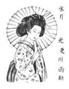 Geisha in kimono and hieroglyphs