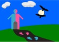 Vector Illustration of Gender Equal world with half blue and half pink human hut and black flying birds