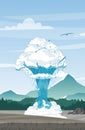 Vector illustration of geyser on mountains background. Beautiful mountain view with geyser in flat cartoon style. Travel