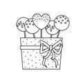 Vector illustration of a gift box with cakepops. A gift for Valentine`s Day. Outline