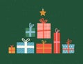 Vector illustration of gift boxes in different colors and star toy on a green background.