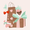 Vector illustration with gift boxes, sweets and harts