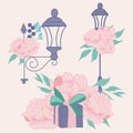 Vector illustration with gifts, pink peonies and street lamps